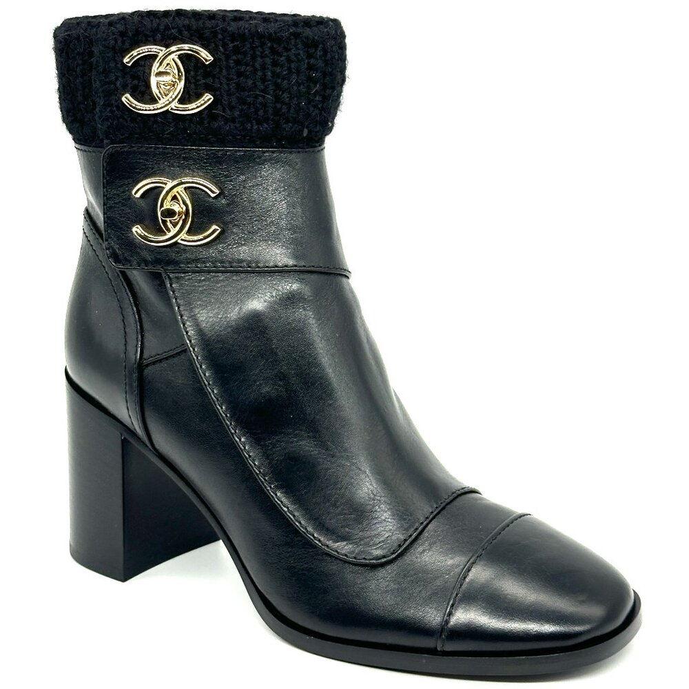 CHANEL 23K 2023 Turnlock CC Leather Knit Cuff Ankle Bootie Boots Heels - Picture 7 of 16